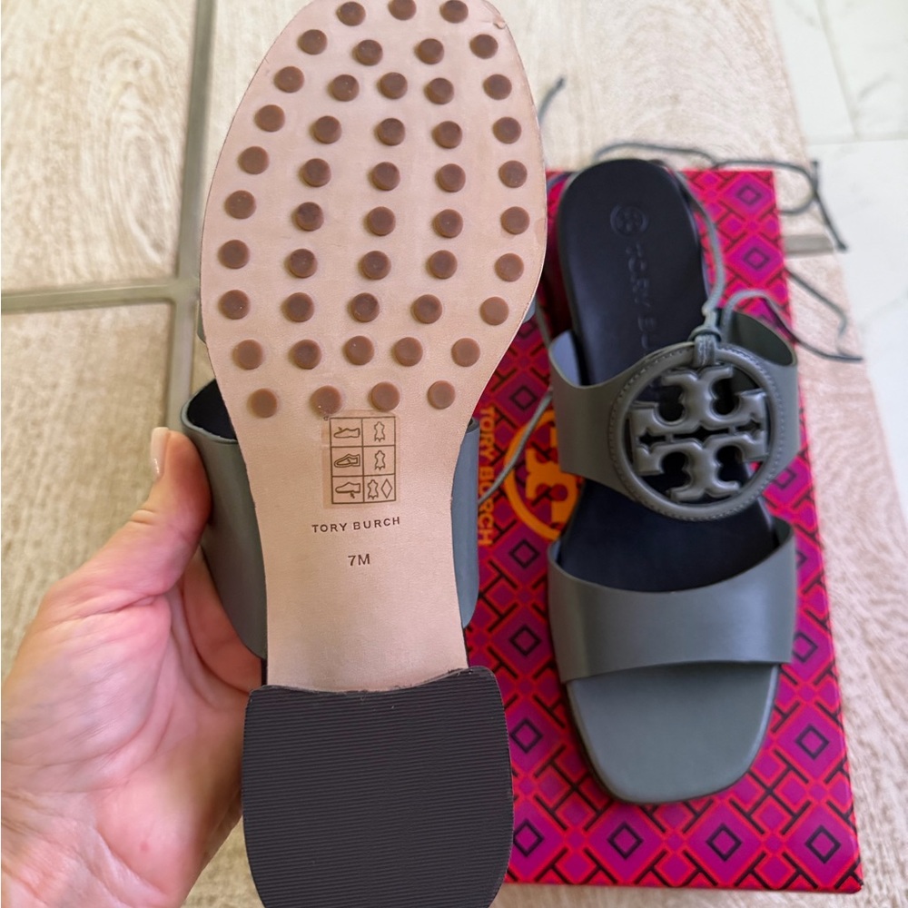 Tory Burch Olive Gray Miller Logo Slide Sandals - Picture 2 of 4